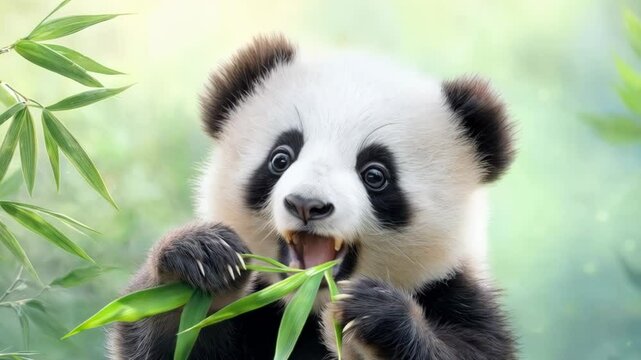 A young panda joyfully munching on bamboo in a lush habitat setting during a sunny day