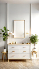 Mock up poster frame close-up in kitchen interior, American style, 3d render, white Mock up frame