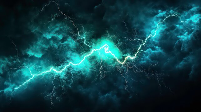 Fantasy green lightning, abstract electrical background ,Teal abstract lightning on black. - Powered by Adobe