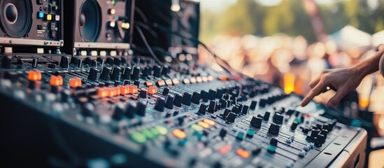Analog and digital mixing consoles wireless microphone receivers and a sound engineer s hand at a soundcheck for an outdoor music festival featuring selective focus and shallow depth of field