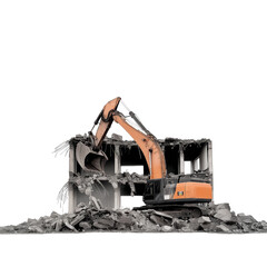 powerful excavator demolishing building, showcasing construction and destruction.  ,Isolated on Transparency background , PNG