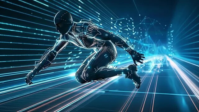 Abstract wireframe human body running through a stream of digital data representing the concept of brain enhancement and neural network processing
