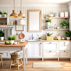 Mock up poster frame close-up in kitchen interior, American style, 3d render, white Mock up frame