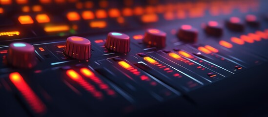Close up perspective of control buttons on a sound mixing console