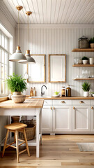 Mock up poster frame close-up in kitchen interior, American style, 3d render, white Mock up frame