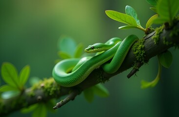 Obraz premium Green snakes on a branch in the forest