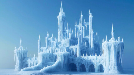 A cold castle in a wonderland made of ice and snow, a magnificent structure that shines and reflects the sunlight, as in a legend.