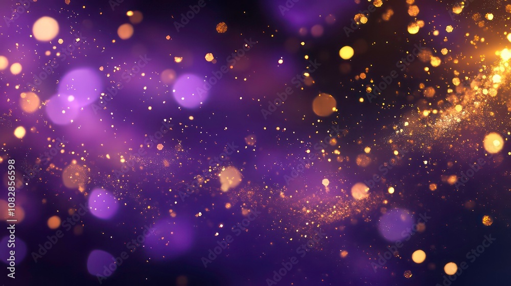 Wall mural abstract purple and gold bokeh background with sparkling particles.