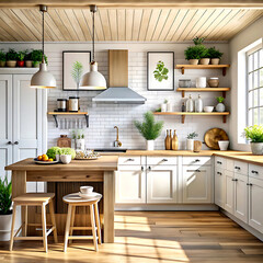 Fototapeta premium Mock up poster frame close-up in kitchen interior, American style, 3d render, white Mock up frame