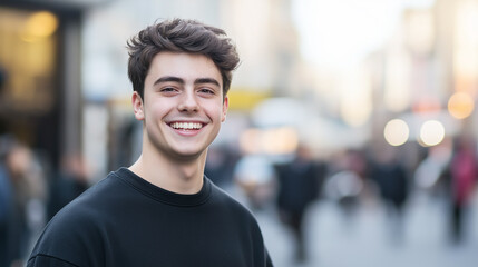 Fototapeta premium Smiling young man in a casual black sweater standing on a lively city street with a soft bokeh background. Vibrant urban atmosphere with a sense of warmth.