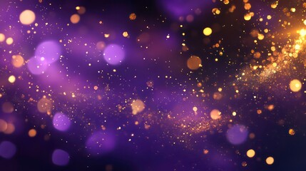 Abstract purple and gold bokeh background with sparkling particles.