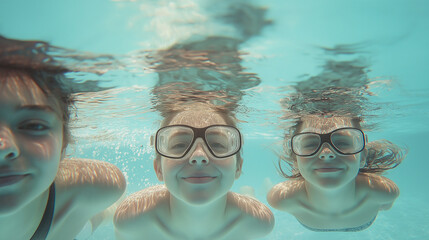 Fototapeta premium Underwater photo of three kids with goggles, smiling and floating underwater, enjoying a fun pool day. The water adds a refreshing and playful feel.