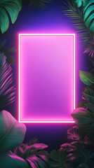 Neon Frame with Pink and Purple Glow Background.  Fluorescent color Layout made of Tropical Leaves.