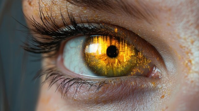 A mesmerizing close-up of an eye shows vivid golden and orange lights depicting an abstract cityscape, evoking themes of wonder, exploration, and visionary creativity.