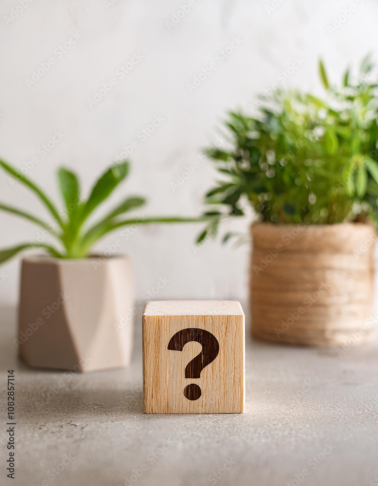 Poster wooden block with question mark, green plants on backdrop. faq and qa. problem solution.