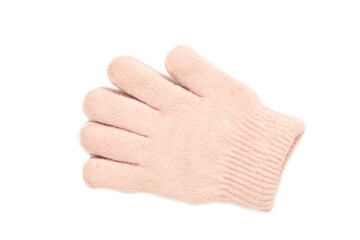 Pink woolen gloves isolated on white background. Winter clothes. Top view