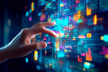 A hand interacting with a digital screen, displaying a graph or diagram for data analysis, with visual elements highlighting trends, insights, and technological advancement in analytics