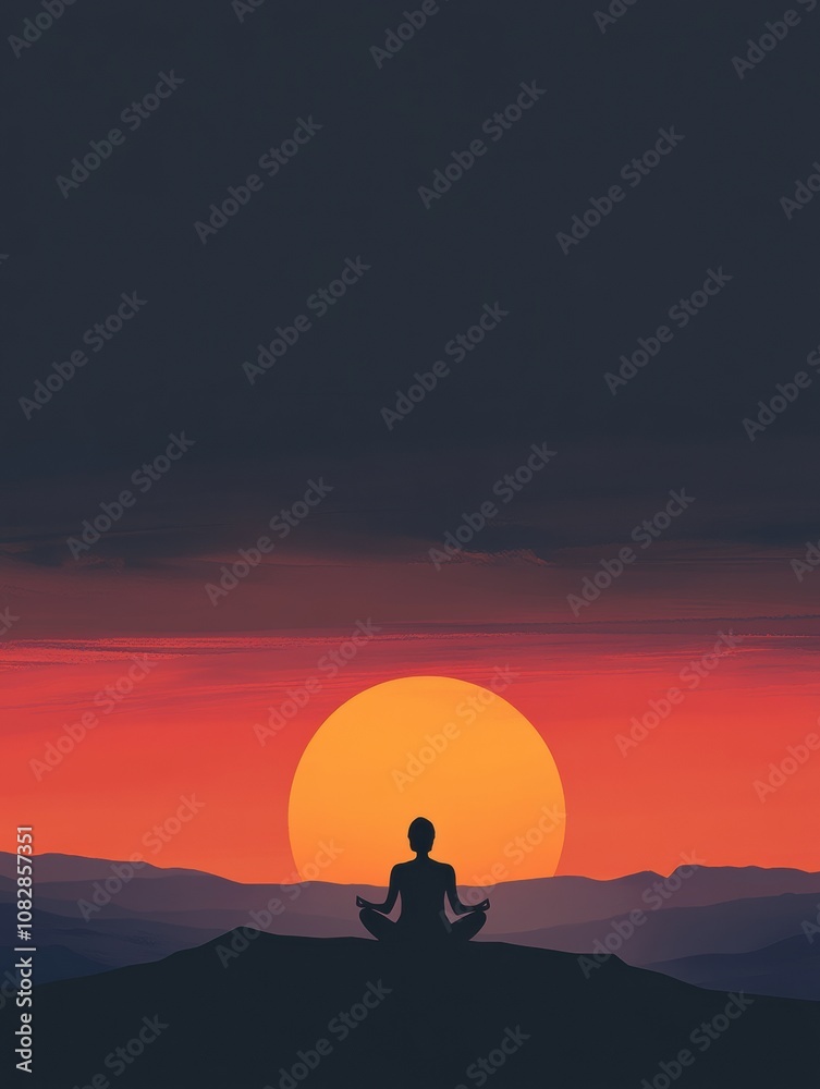 Poster a solitary figure practices meditation atop a mountain as a colorful sunset fills the sky, creating 