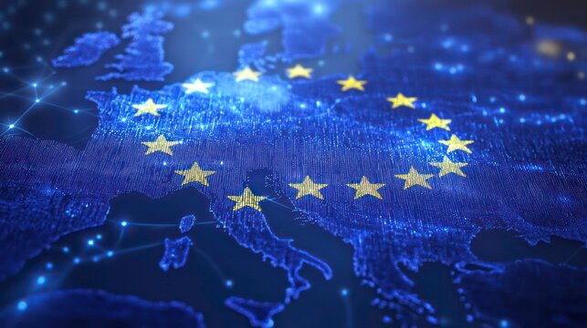 European Union flag overlayed on a digital map of Europe with connecting lines. - Powered by Adobe