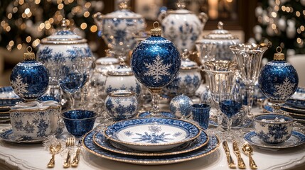 Fototapeta premium Elegant blue and white porcelain table setting for festive dining