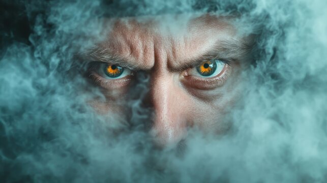 A pair of intense, striking eyes stare through a swirling mist, creating a mysterious and haunting atmosphere, with a sense of enigma and intrigue lurking.