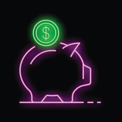 Neon piggy bank with a dollar coin on top, representing saving money