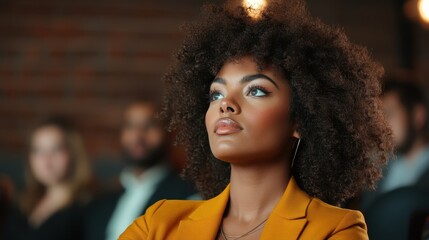 A focused, attentive woman wearing a fashionable yellow jacket listens intently at a conference, embodying professionalism, curiosity, and engagement.