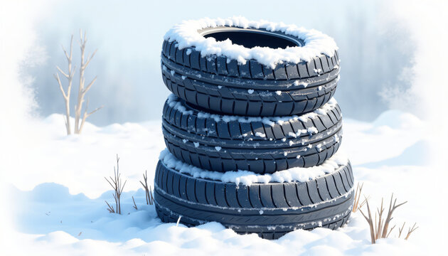 Stack of winter tires covered in snow in a snowy outdoor setting