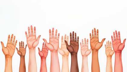 Obraz premium Diverse hands raised in unity with different skin tones against a white background