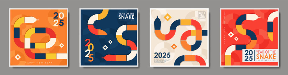 Set of modern geometric greeting cards for 2025 Year of the Snake with bold orange, yellow, red, blue and white segments forming a snake square background with abstract circular and diamond accents.