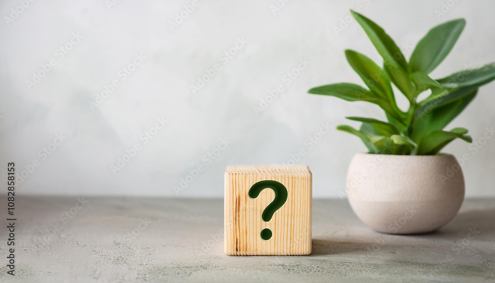 Poster wooden block with question mark, green plants on backdrop. faq and qa. problem solution.