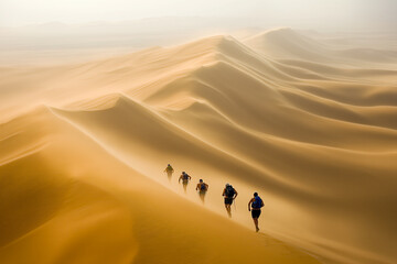 Ultra-marathon runners traversing a harsh desert landscape, with extreme heat and vast distances