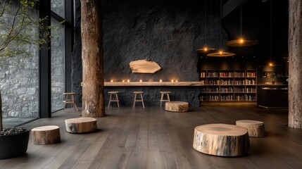 A serene library setting featuring wooden elements, including stools and tables made from tree stumps, creating a warm and inviting atmosphere for readers.