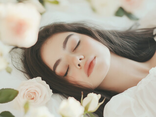 Peaceful young woman lying down surrounded by flowers with her eyes closed, capturing a serene, dreamy moment of relaxation and natural beauty.