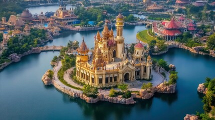 Fototapeta premium An aerial view of a fairytale castle on an island surrounded by water.