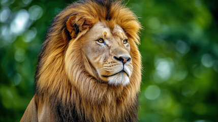 Fototapeta premium A majestic lion with a full mane gazing intensely forward, surrounded by lush green foliage, symbolizing strength and power in the natural world.