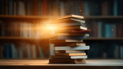 A mystical stack of books emits a golden glow with enchanting sparks, suggesting a world of knowledge and magic within their pages in a cozy library setting.