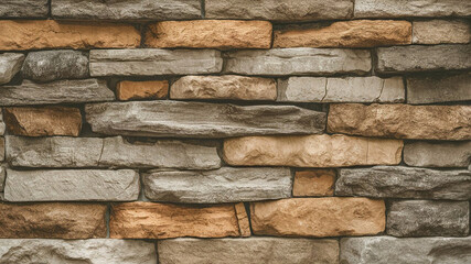 Naklejka premium A multi-toned stone wall with uneven horizontally stacked stones in weathered shades of gray tan and brown capturing the natural beauty of aged stonework in a tranquil setting