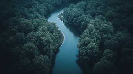 Fototapeta premium Aerial View of a Winding River Through a Forest