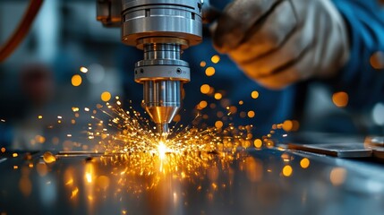 A close-up view of precise metal cutting in a workshop, with bright sparks flying, embodying craftsmanship and advanced industrial technology and artistry.