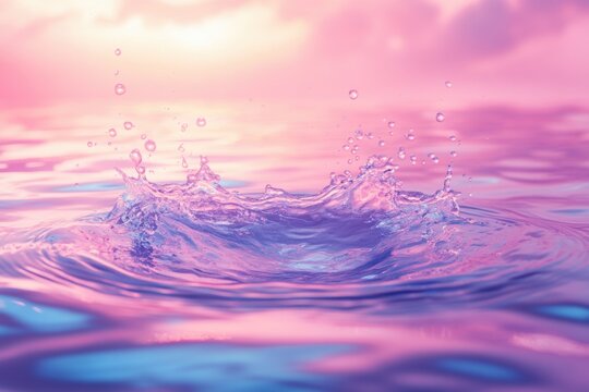 water splash photography, a serene water splash with dew and pastel skies makes a tranquil backdrop for text in this mesmerizing scene