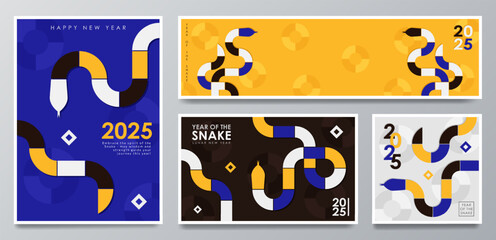 Template of 4 modern banners with geometric rectangle shapes in the form of a coiled snake in orange, blue, yellow, white, black colors. Minimalist greeting cards for 2025 Lunar New Year of the Snake 