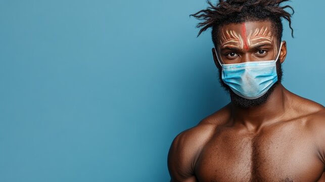 A shirtless, muscular man with face paint wears a blue surgical mask against a plain background, showcasing strength and readiness amidst challenging times.