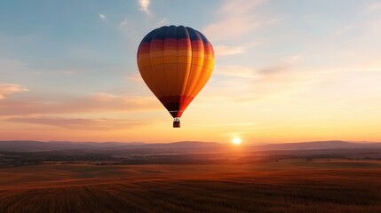 Obraz premium A single hot air balloon soars through the sky over a vast field during sunrise. The colors of the balloon contrast beautifully against the orange and pink sky.