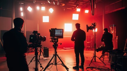 Fototapeta premium Film Crew Setting Up Equipment in Red-Lit Studio