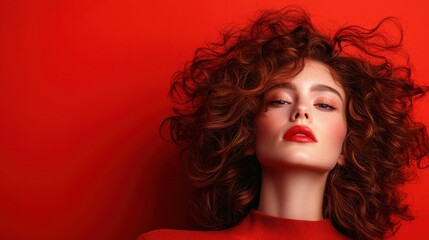 An elegant woman with curly hair and vibrant red lipstick wearing a red top against a deep red background captures the essence of contemporary fashion and bold style.