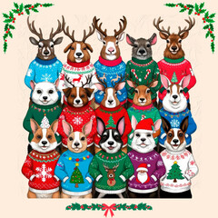 Animals with christmas sweater. merry christmas