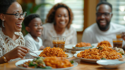 Family enjoying a meal together with plates of spicy rice at a festive gathering
