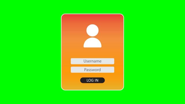 Animated login window screen with username and password fields, isolated on a green screen background, for website demos, tutorials, and app presentations login
