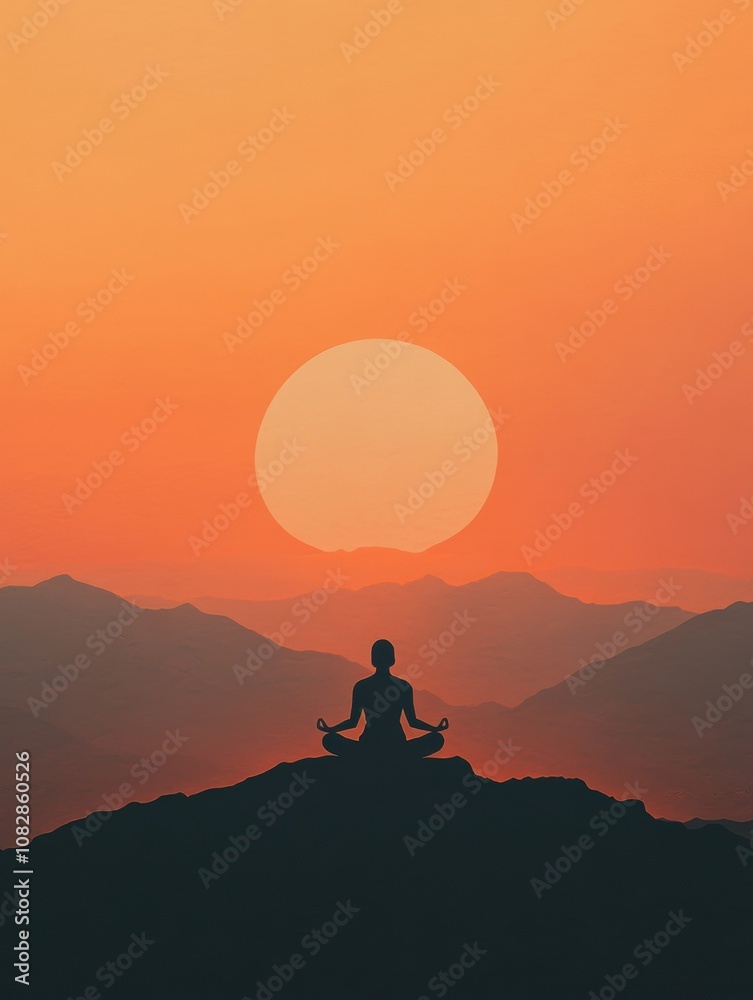 Poster a person sits cross-legged on a mountain, meditating while watching a beautiful sunset with a vibran